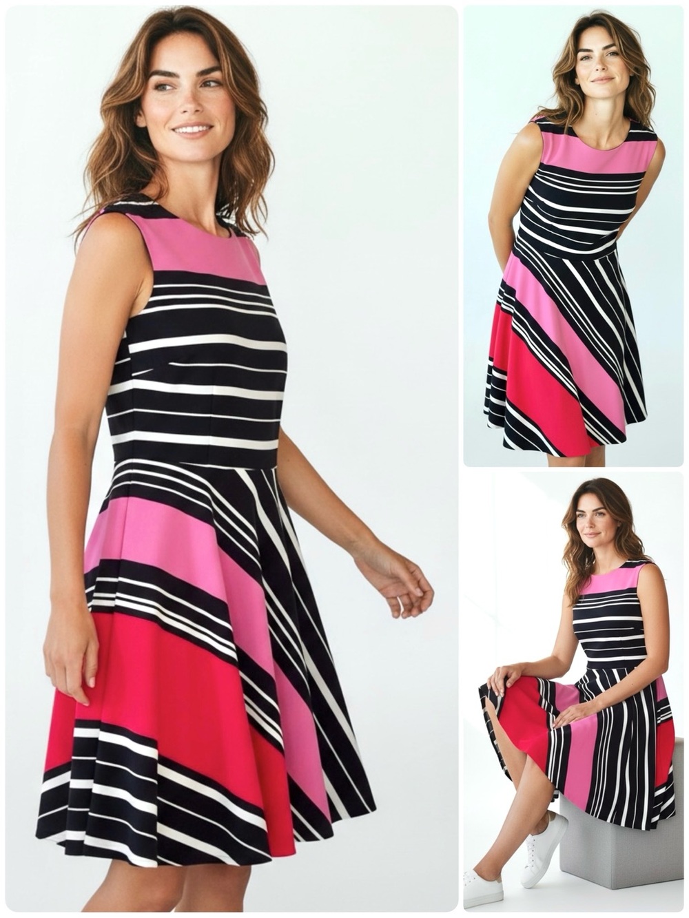 TAHARI Crepe Fit & Flare Striped Dress Sleeveless Round Neck Knee Length Stretch